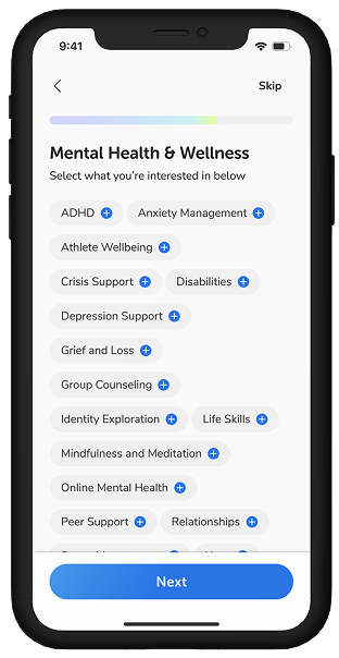 Image of phone with a visible onboarding screen for the Willo app. On the screen, users are asked to select topics they are most interested in under the Health and Wellness category.