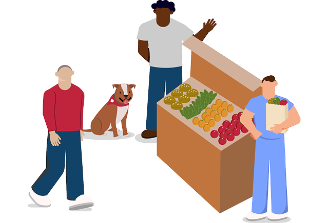 Illustration of a stand at a farmer's market with two people providing information to a person who is approaching the stand. Next to the vegetable stand is a service dog wearing a red bandana. The two people are telling the others about the social medicine program to build awareness.