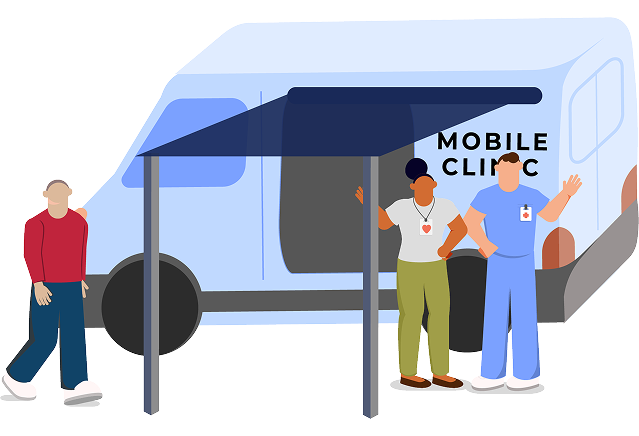Illustration of a mobile clinic van with two people waving at a person walking past them. They are welcoming the person to use the services.