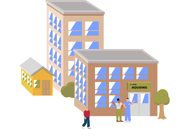 Illustration of two apartment buildings within a neighbourhood. One says 