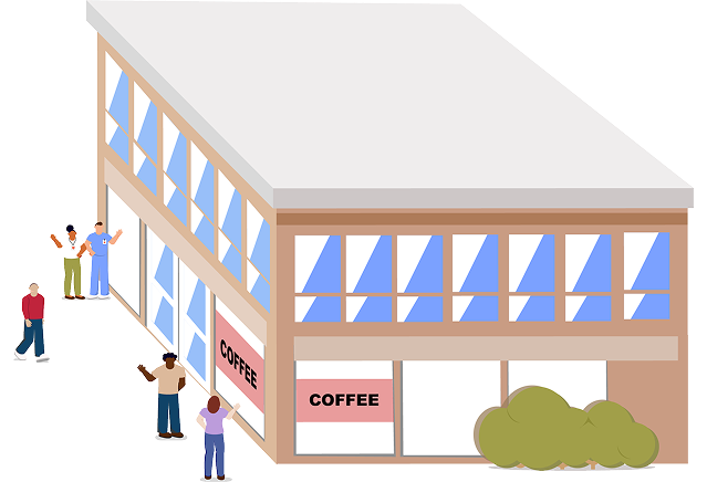 Illustration of a healthcare hub. It is a three story building with offices on the upper floors and a coffee shop on the lower floor. People are standing outside of it having a conversation.